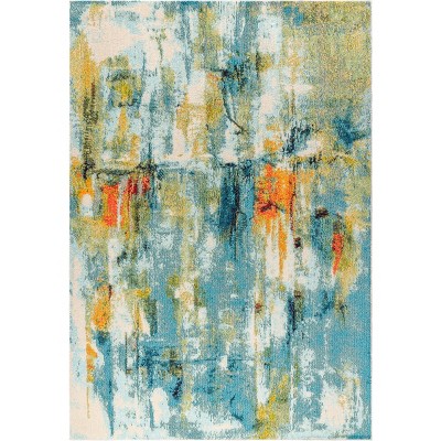 Contemporary Abstract Blue and Cream Synthetic Area Rug, 3 x 5 ft