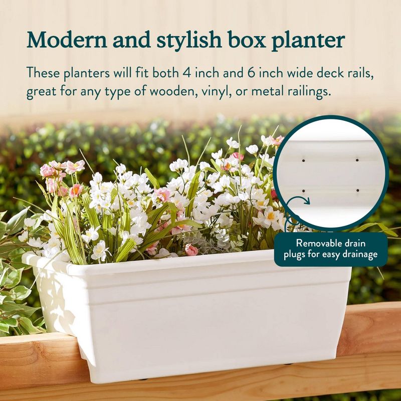 The HC Companies 24 Inch Wide Heavy Duty Plastic Deck Rail Mounted Garden Flower Planter Boxes with Removable Drainage Plugs, White (4 Pack), 6 of 8