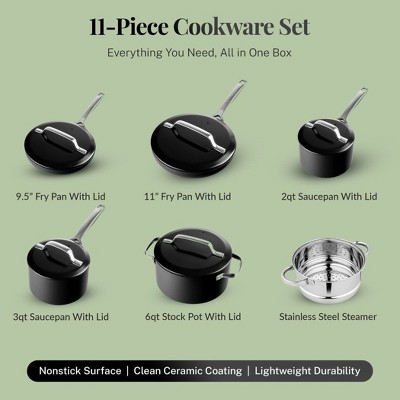 Modern Black 11-Piece Aluminum and Stainless Steel Nonstick Cookware Set