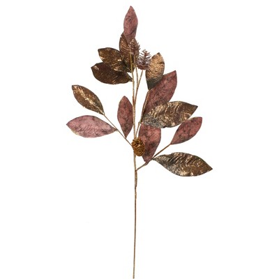 Northlight 32" Burgundy Red and Gold Glittered Magnolia Leaf Spray with Pinecones