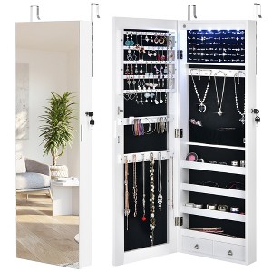 Wall/Door Mounted Jewelry Cabinet Full Screen Mirror Armoire Organizer w/ 6 LEDs - 1 of 4