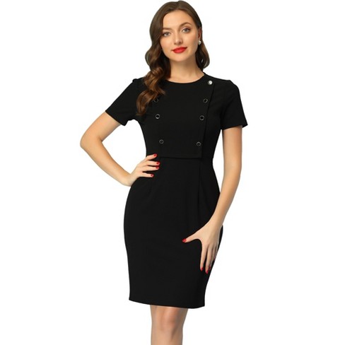 Allegra K Women's Business Casual Round Neck Short Sleeve Knit Bodycon  Dress Black Medium