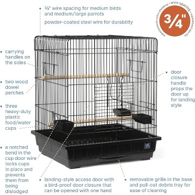 Black Square Roof Parrot Cage with Perches and Dishes