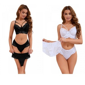 INSPIRE CHIC 2 Sets Women's Cross-Straps Bralette and Panty Mesh Floral Lace Bra and Underwear - 1 of 4