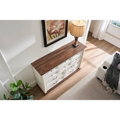 DOMETOUR 10 Drawer Dresser Chest with Wooden Base, Rustic Trim, Storage for Bedroom & Living Room