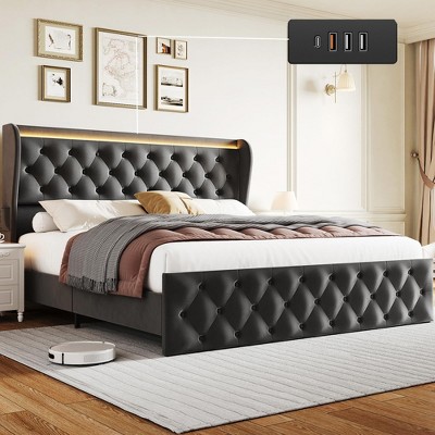 GustoWave Velvet Upholstered Platform Bed Frame, with LED Lights/Charging Station/Wingback Headboard/4 Storage Drawers