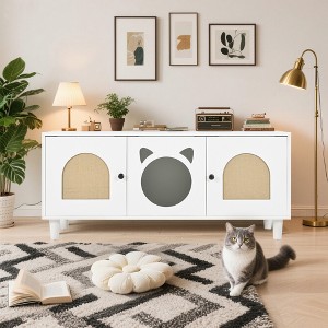 Airsurfer Modern Wood Cabinet with Sisal Cat Scratcher, Cat Litter Box Enclosure with Storage, Cream white Side Table - 1 of 4