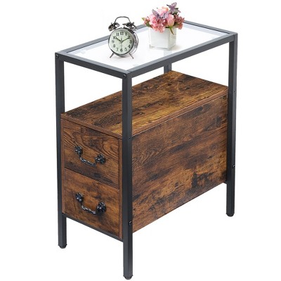 VECELO Wooden Side Table Narrow Nightstand Modern Rectangle Side Table with Tempered Glass & Double-drawer