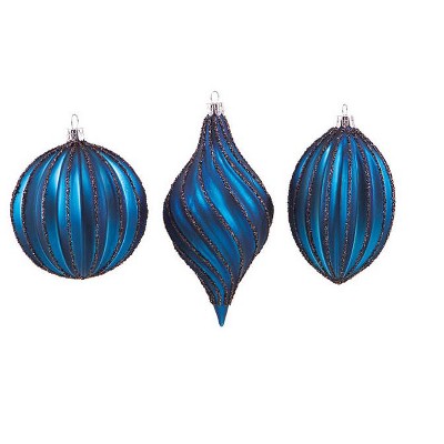 Northlight Pack of 12 Cobalt Blue Striped Finial, Teardrop & Ball Glass Christmas Ornaments