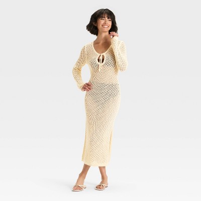 Women's Crochet-Style Long Sleeve Maxi Sweater Dress - A New Day™ Cream