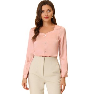 Allegra K Women's Sweetheart Neck Satin Long Sleeve Elegant Casual Work Blouse - 1 of 4