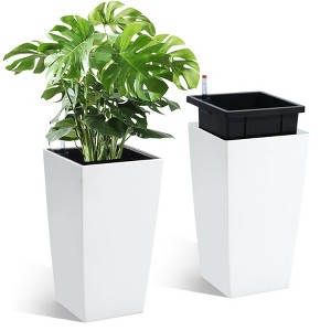 16" Tall Self-Watering Planters Set of 2, White Indoor Outdoor Pots with Drainage, Water Level Monitor & Inner Bucket, Modern Rectangular Plant Pots - 1 of 4