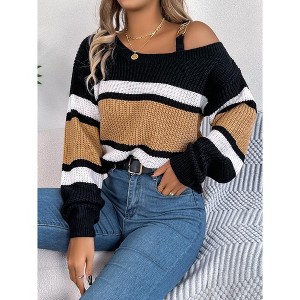 Coolmee Women's Striped Print SweaterNeck Buckle Decor Sweater Casual Drop Shoulder Long Sleeve Pullover Knitwear Tops - 1 of 4