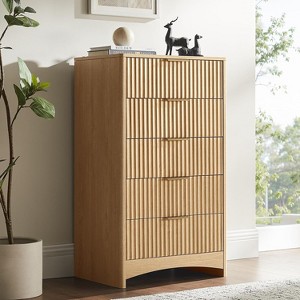 Amada Dresser for Bedroom, Fluted 5 Drawers Dresser, 40" Tall Modern Chest of Drawer with Round Edge & Pre-Installed Drawer Slides, Natural Woodr - 1 of 4