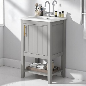 Mshliw 20" Bathroom Vanity with Ceramic Sink, Soft Closing Door, Storage Rack & Open Shelf, MDF & Rubber Wood Freestanding Cabinet - 1 of 4