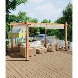 Wood Grain Aluminum Pergola Outdoor Pergola with Retractable Canopy Sun Shade Shelter - 1 of 4