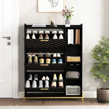 Modern Shoe Cabinet with 3 Flip Drawers & Open Shelves, Wood Freestanding Shoe Organizer 4M - ModernLuxe