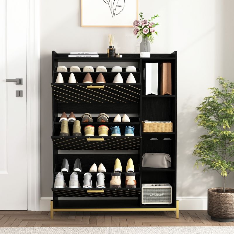 Modern Shoe Cabinet with 3 Flip Drawers & Open Shelves, Wood Freestanding Shoe Organizer 4M - ModernLuxe, 1 of 9