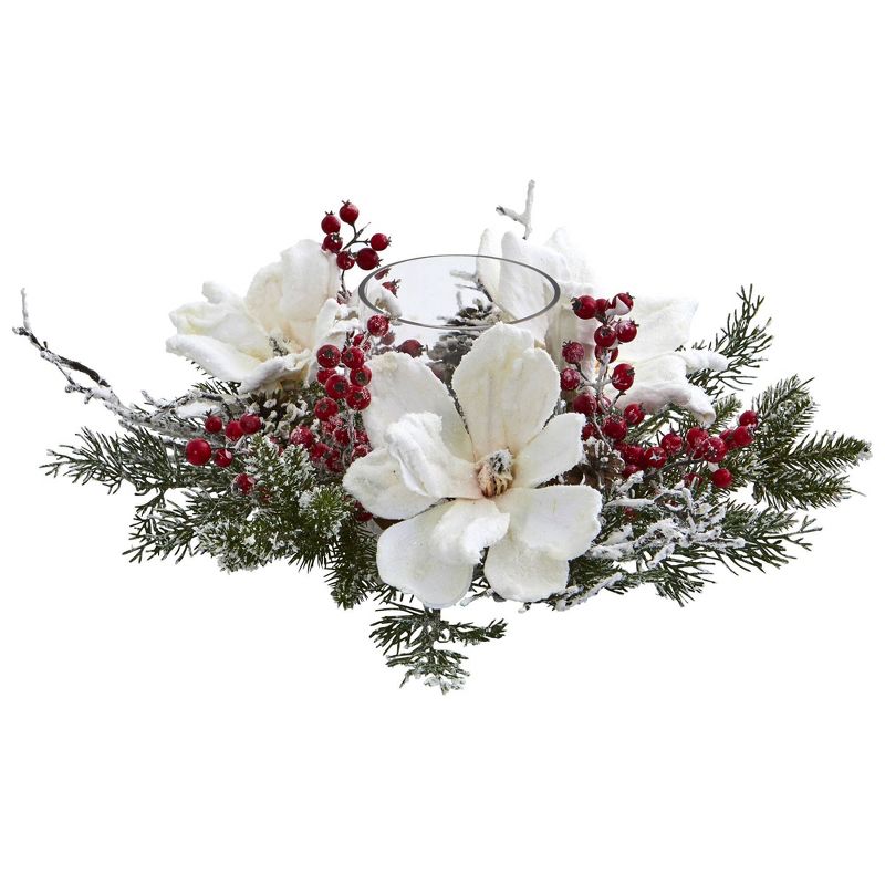 6.5&#34; x 17&#34; Artificial Frosted Magnolia and Berry Plant Arrangement Candelabrum - Nearly Natural, 1 of 5