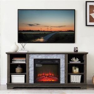 58" TV Media Stand with 18" Electric Fireplace Insert, Faux Stacked Stone Surround, Modern Entertainment Console with Open Storage - 1 of 4