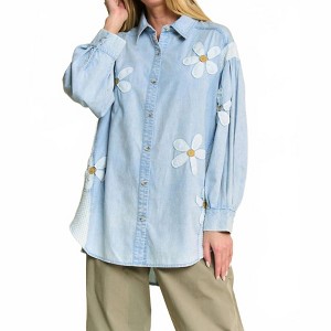 Women's Lightweight Washed Daisy Patch Waffle Knit Shirt - DAVI & DANI - 1 of 4