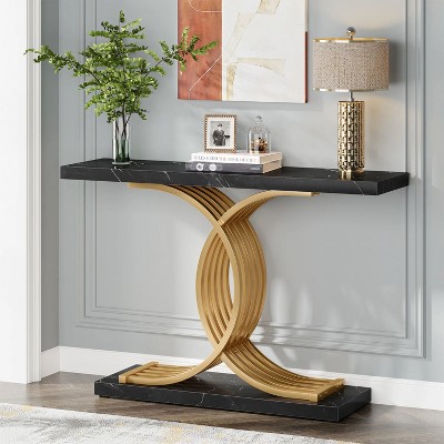 Gold and Black Faux Marble Console Table with Geometric Metal Legs