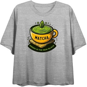 Matcha Teacup Green Is The New Women's Black Crew Neck Crop Top - 1 of 3