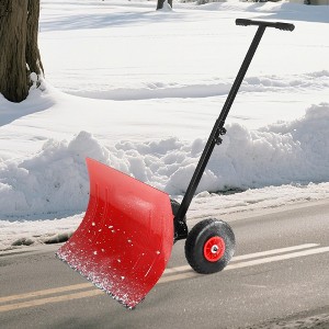 Snow Shovel with Wheels, Steel Blade Snow Pusher, Adjustable Angle/Height Handle - 1 of 4