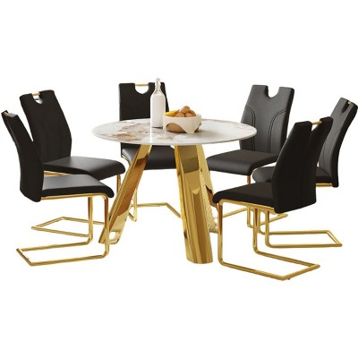 Infurnic Dining Sets Round Table Paired with Six Uniquely designed White Dining Chairs With Golden Metal Leg , Black, 42"*42"*29.5"