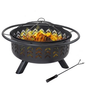 Sunnydaze Arrow Motif Heavy-Duty Steel Fire Pit with Spark Screen, Built-In Grate, and Cover - 36-Inch Round - Black - 1 of 4