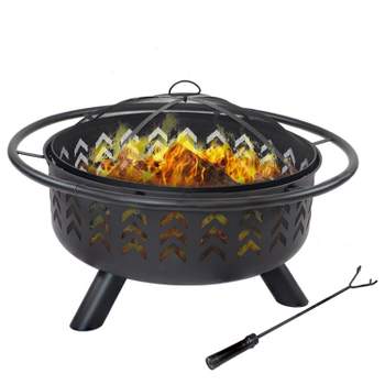 Sunnydaze Arrow Motif Heavy-Duty Steel Fire Pit with Spark Screen, Built-In Grate, and Cover - 36-Inch Round - Black