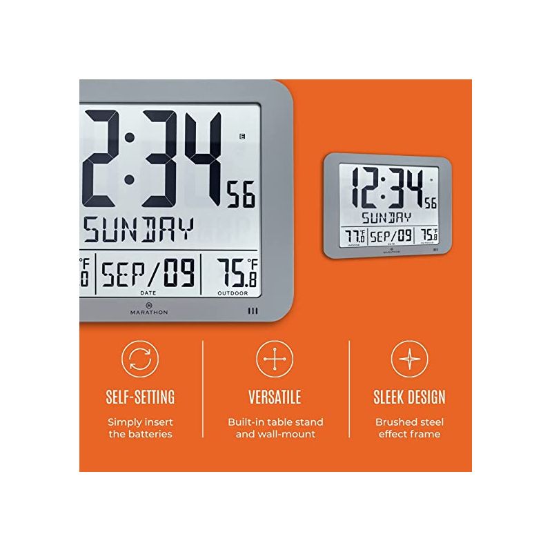 Marathon Slim Atomic 10-Inch Wall Clock  Full Calendar Display With Indoor & Outdoor Temperature, 3 of 7