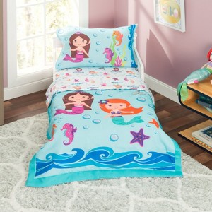 EVERYDAY KIDS 4 Piece Toddler Bedding Set -Undersea Mermaids Adventure- Includes Comforter, Flat Sheet, Fitted Sheet and Reversible Pillowcase - 1 of 4