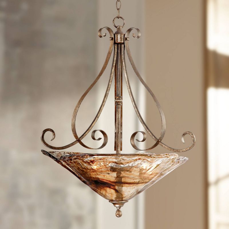 Franklin Iron Works Amber Scroll Golden Bronze Pendant Chandelier 24 3/4" Wide Rustic Art Glass Bowl 3-Light Fixture for Dining Room Kitchen Island, 2 of 8