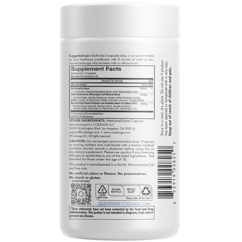 Codeage Gut Health Formula, L Glutamine, Zinc, Mushrooms, Licorice, Probiotics & Prebiotics Supplement - 180ct, 3 of 13