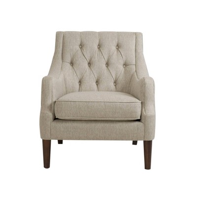 Elegant Beige Handcrafted Wood Accent Chair with Button Tufted Back