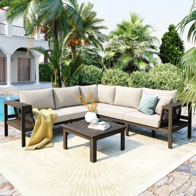 VisioGear 4 Pieces Outdoor Wood Sofa Set, L-Shaped Patio Furniture Sofa Set with Coffee Table, Cushions and Side Table, Beige&Brown, 27.6"*27.6"*14"