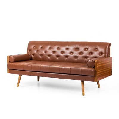 NicBex 3 Seater Sofa with Tufted Button Back and Seat Comfy Upholstered Couch with Wood Decoration for Living Room,Brown
