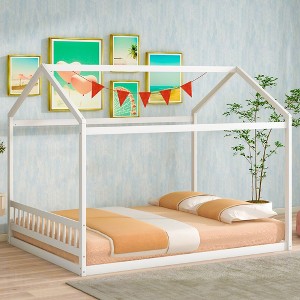 NicBex Queen Size Platform Bed 82.7" L Modern House-Shaped Pine Bed Frame with Roof and Headboard for Bedroom, No Box Spring Required, White - 1 of 4