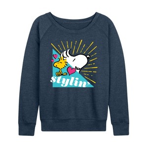 Women's - Peanuts - Snoopy Woodstock Stylin Lightweight French Terry Wide Neck Long Sleeve Shirt - 1 of 4