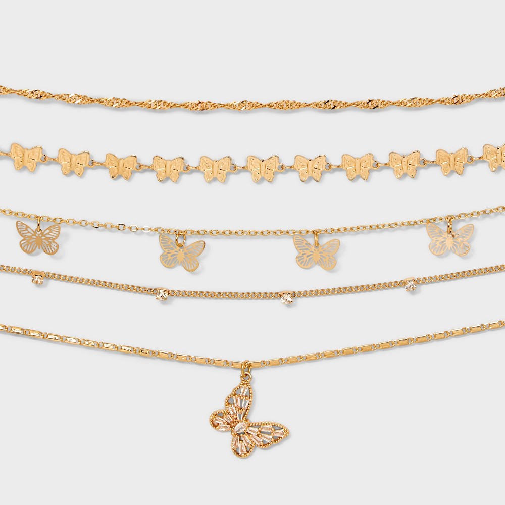 Dainty Chain with Butterfly Charm Choker Necklace Set 5pc - Wild Fable Gold