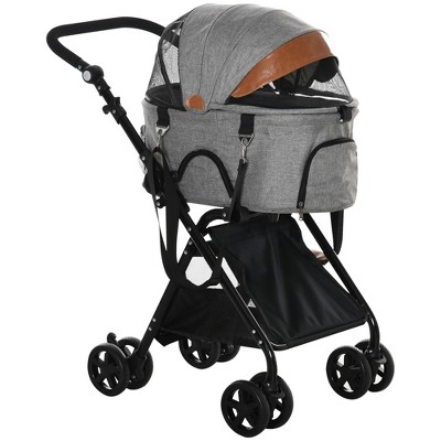 PawHut Luxury Folding Pet Stroller Dog/Cat Travel Carriage 2 in 1 Design with Pet Carrier Bag \u0026 Adjustable Canopy - Grey