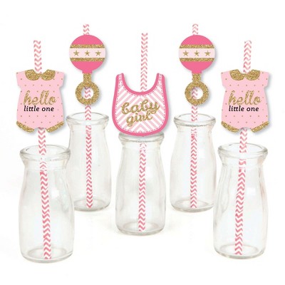 Big Dot of Happiness Hello Little One - Pink and Gold Paper Straw Decor - Girl Baby Shower Striped Decorative Straws - Set of 24