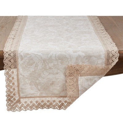 Natural Cotton Linen Table Runner with Jacquard Lace Trim
