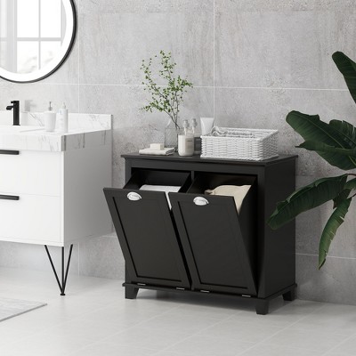 VYNXARIA Dual Tilt out Laundry Hamper Cabinet, Bathroom Storage Cabinet with 2-Compartment Hamper, Modern Floor Cabinet for Washroom, Black