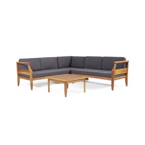 GDFStudio Bianca Outdoor Acacia Wood 5 Seater Sectional Chat Set with Cushions, Teak/Dark Gray - 1 of 4