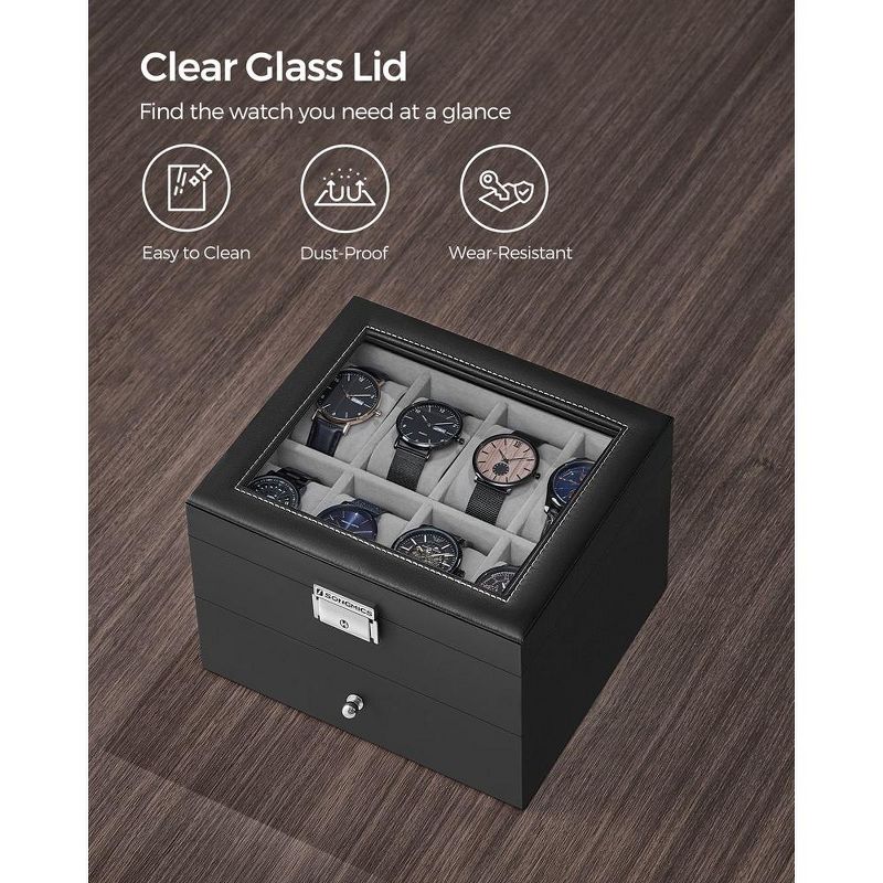 SONGMICS 16-Slot Watch Box Watch Case with Glass Lid 2 Layers Lockable Watch Display Case Black Synthetic Leather, 5 of 7