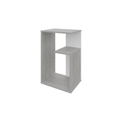 Vynxaria White & Concrete Melamine Side Table: 2-Open Shelf Storage, Light Oak Accents for Modern Bright Spaces