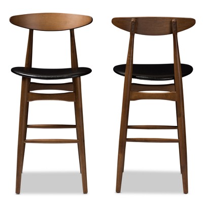 Set of 2 Walnut & Black Leather Mid-Century Barstools