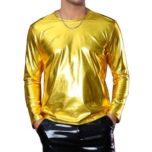 INSPIRE CHIC Men's Round Neck Long Sleeves Shining Disco Metallic T-Shirt - 1 of 4